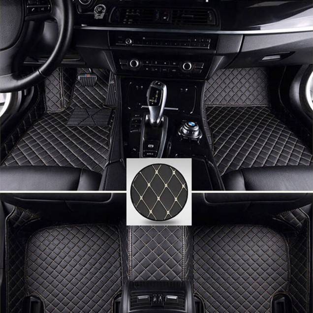 Black and Beige Stitching Luxury Leather Diamond Car Floor Mats Black and Beige Stitching Luxury Leather Diamond Car Floor Mats