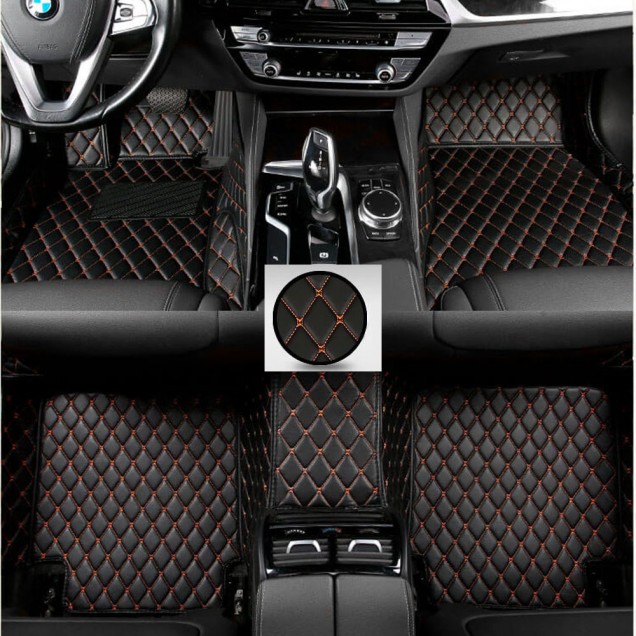 Black and Orange Stitching Luxury Leather Diamond Car Floor Mats Black and Orange Stitching Luxury Leather Diamond Car Floor Mats