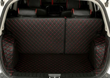 Black and Red Stitching Full Cover Luxury Leather Diamond Trunk Car Floor Mats UK